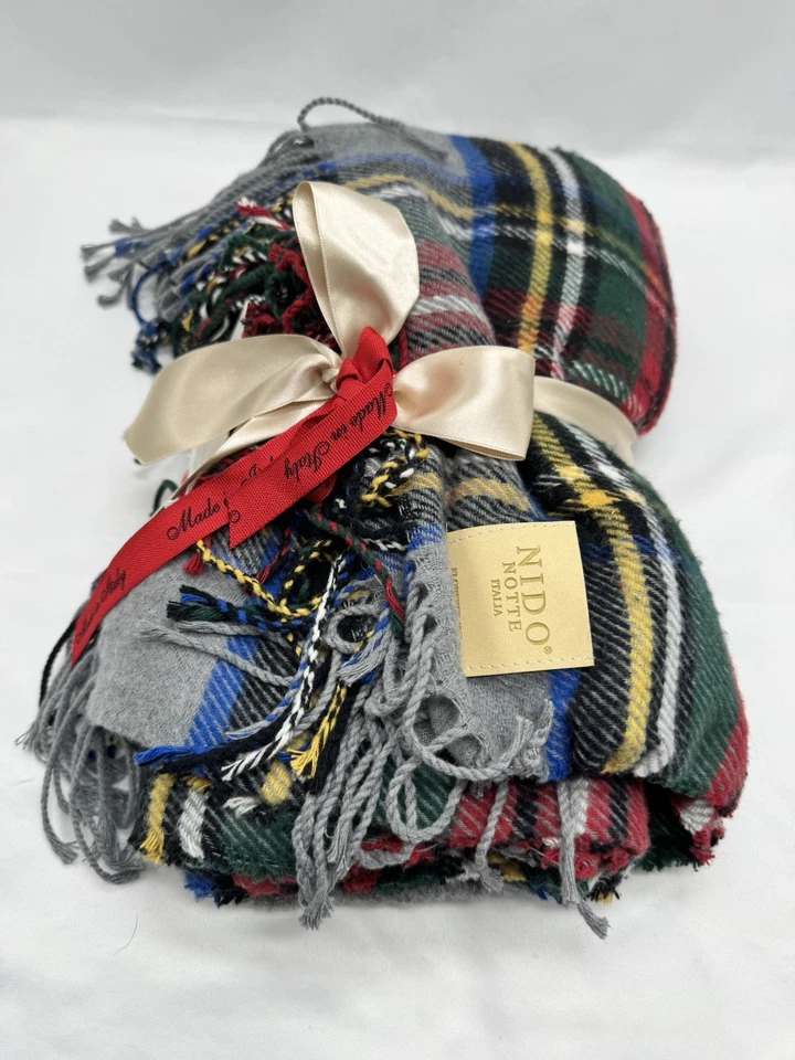 NIDO NOTTE ITALIA Red & Grey Tartan Plaid Throw Blanket Shawl Table Scarf MWT - Image 3 of 4