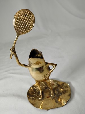 Vintage Brass Frog On Lily Pad Playing Tennis Novelty Figurine 9'' Tall 5.5'' W