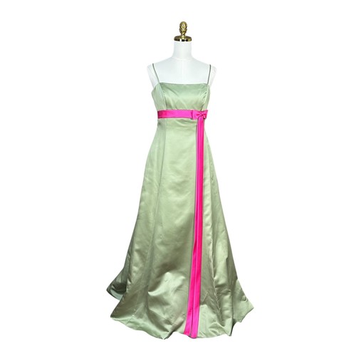 Y2K Alfred Angelo Celadon Green Fuchsia Pink Satin Bow Formal Gown Dress 10