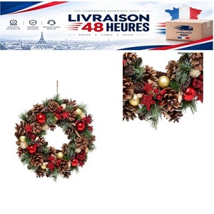 Couronne de Noël artificielle 35 cm houx étoiles pommes de pin déco porte