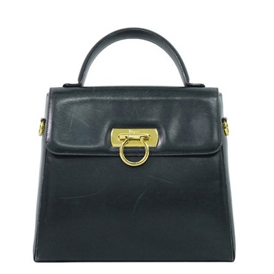 Salvatore Ferragamo Gancini Leder Top Handle Handtasche Schwarz Gold