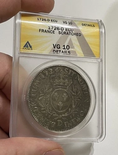 France - 1726-D Large Silver Ecu (ANACS VG 10 Details)
