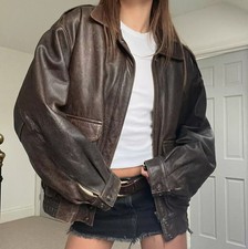 Women's 90s Brown Real Leather Outerwear Bomber Oversized Jacket
