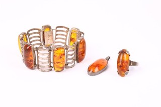 Silver Amber Jewelry Set Fischland Modernist Bracelet Ring Pendant x3 22g