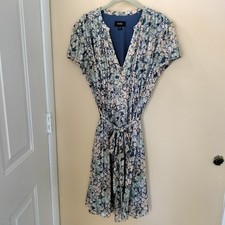 MSK Blue Floral Button Pintuck Lined Midi Belted Dress 16 Office Wedding Church