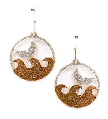 Two-tone Scratch Brass Metal Mermaid Tail and Wave Dangle Earrings