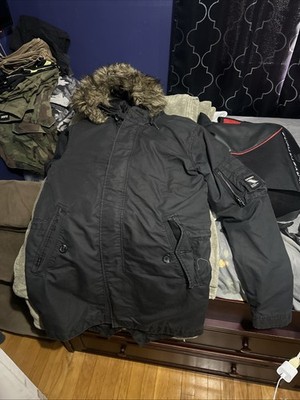 Superdry Men's Service FUR Trim Parka Jacket Washed Black Size Small
