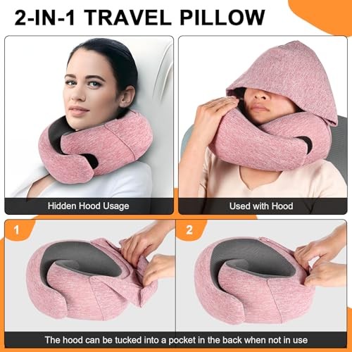 Hooded Memory Foam Travel Neck Pillow for Airplane in Red