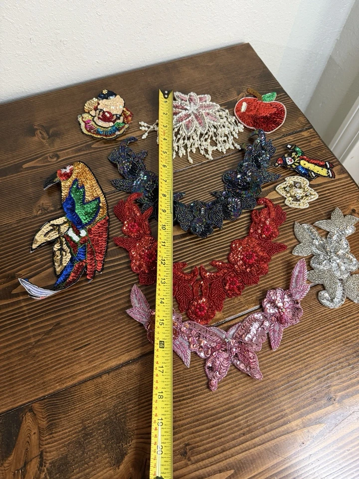 Lote de apliques vintage bordados grandes flores cuentas lentejuelas parche cuello payaso Foto 2 de 4
