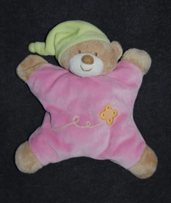 🍀 Doudou Semi Plat Ours NATTOU Rose Vert Brodé Papillon Hochet Grelot TTBE - Photo 1/3