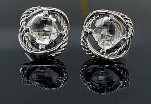 David Yurman Sterling Silver Infinity Stud Earrings White Topaz 7mm Stone Used
