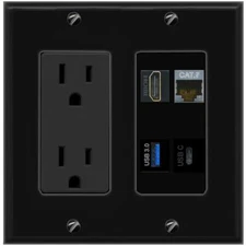 CAT7 HD USB-3 USBC Port Wall Plate Black w Power Outlet