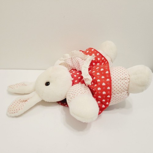 Vtg White Fluffy Bunny Plush Red Heart Dress Apron Polka Dot Bottoms Toy - Picture 3 of 6