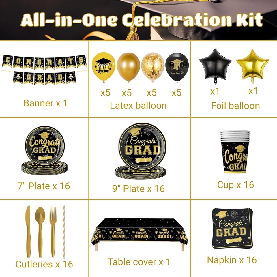 Graduation Party Supplies Kit Serves 16 - Gold and Black Class of 2025 Tableware - Image 4 of 4