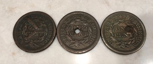 VINTAGE ONE CENTS, 1850,1851,1855, ONE HOLED, ONE PARTIAL HOLE, ONE WITH CUTS - Picture 2 of 8