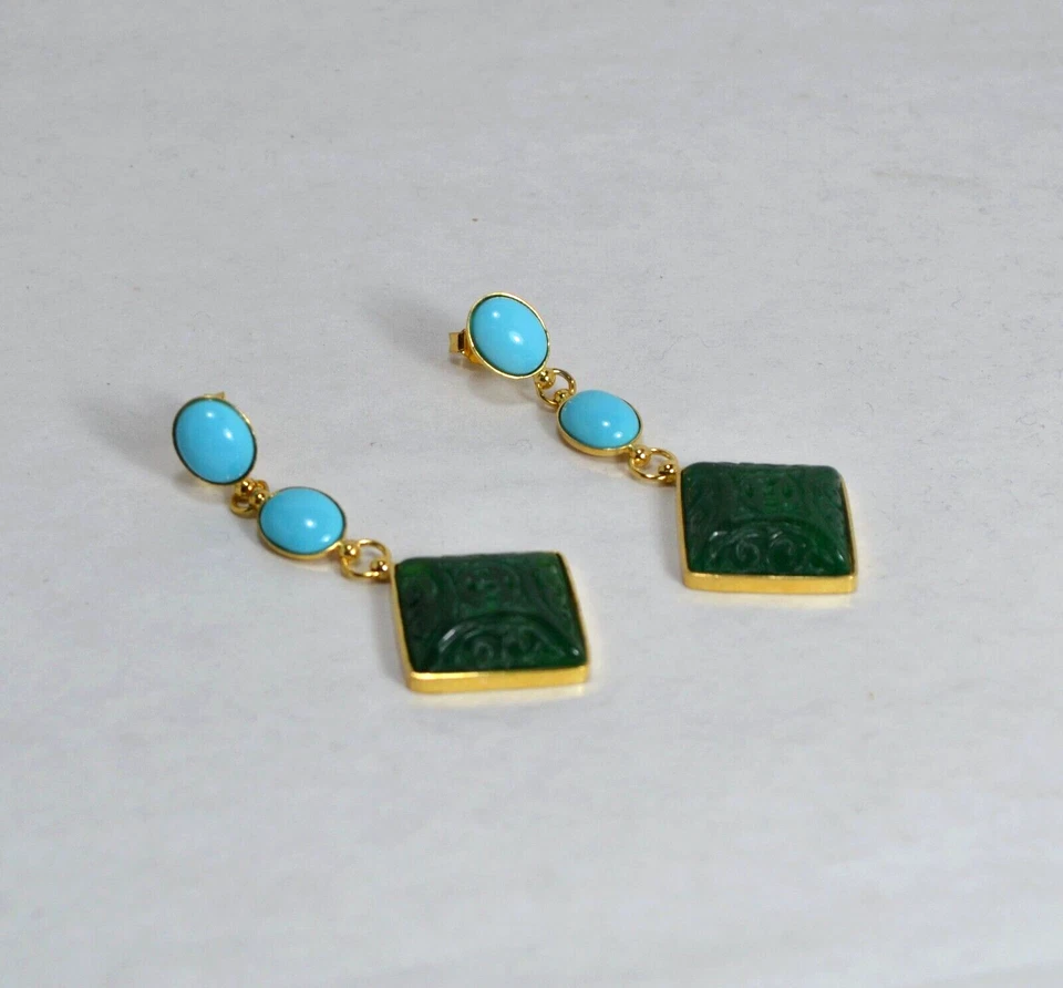 ORECCHINI  ARGENTO 925 TURCHESE NATURALE OVALE GIADEITE  VERDE  AGHT 0974 - Immagine 2 di 3