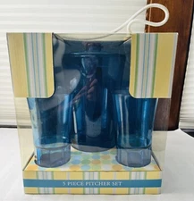 Patio Party 5 Piece Plastic Pitcher Set Pitcher 4 Highball Glasses Blue