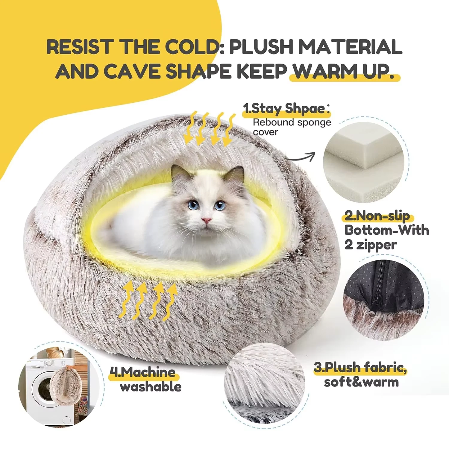 Pet Dog Cat Bed Round Plush Kitten Warm Sleeping Nest Bed Cat Igloo Cave House