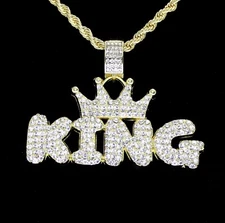Mens Iced CZ King Pendant 14k Gold or Silver Plated 24" Necklace Hip Hop Jewelry
