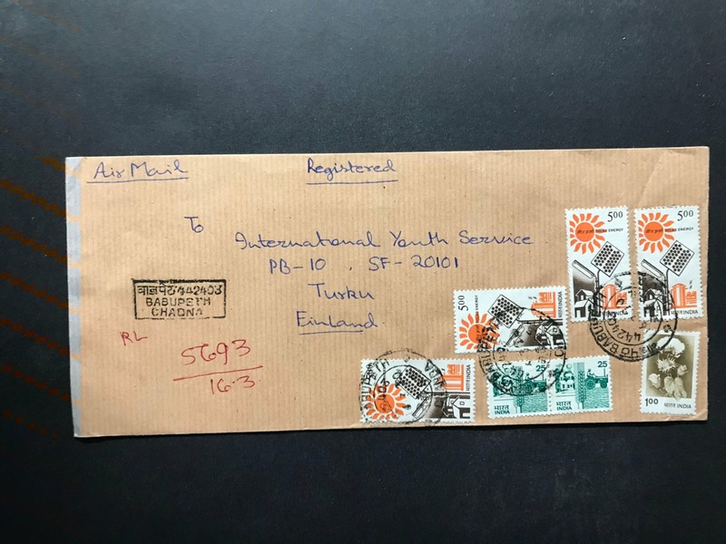 India Registered Cover to Finland City Cancel 1980s-1990s Cover #2048