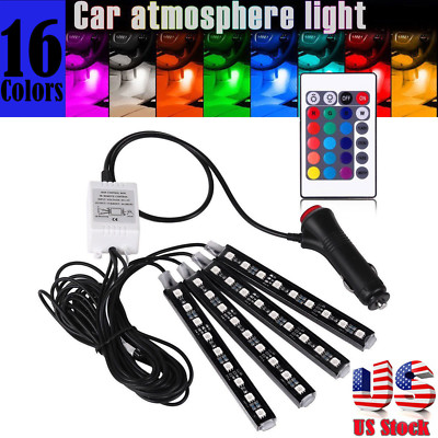 4-Piece RGB LED Interior Car Lighting Kit - Under Dash Footwell Seats Lighting, 12V, Remote Control, 36 LEDs