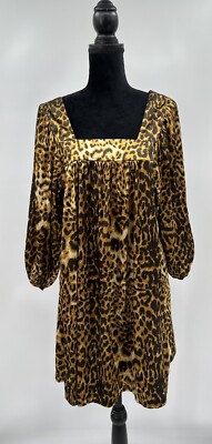 Vintage Y2K Sharagano Leopard Print Satin Shift Dress Medium Puff 3/4 Sleeve