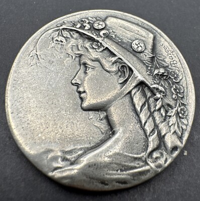 Armand Bargas Lady In Flowered Hat Art Nouveau Style Pewter Cameo Brooch Pin VTG