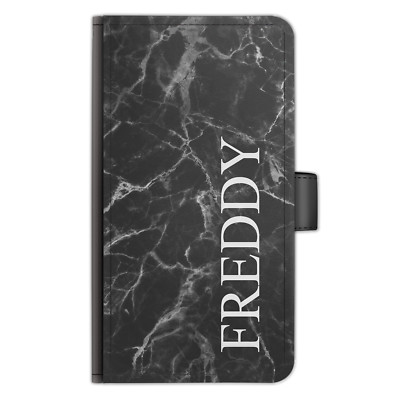 Personalisierte Handy-Hülle Initialen PU Leder Name schwarz Marmor Seiten-Flip-Cover