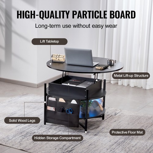 VEVOR Lift Top Coffee Table 35.3" Round Coffee Table for Living Room Black - Picture 5 of 12