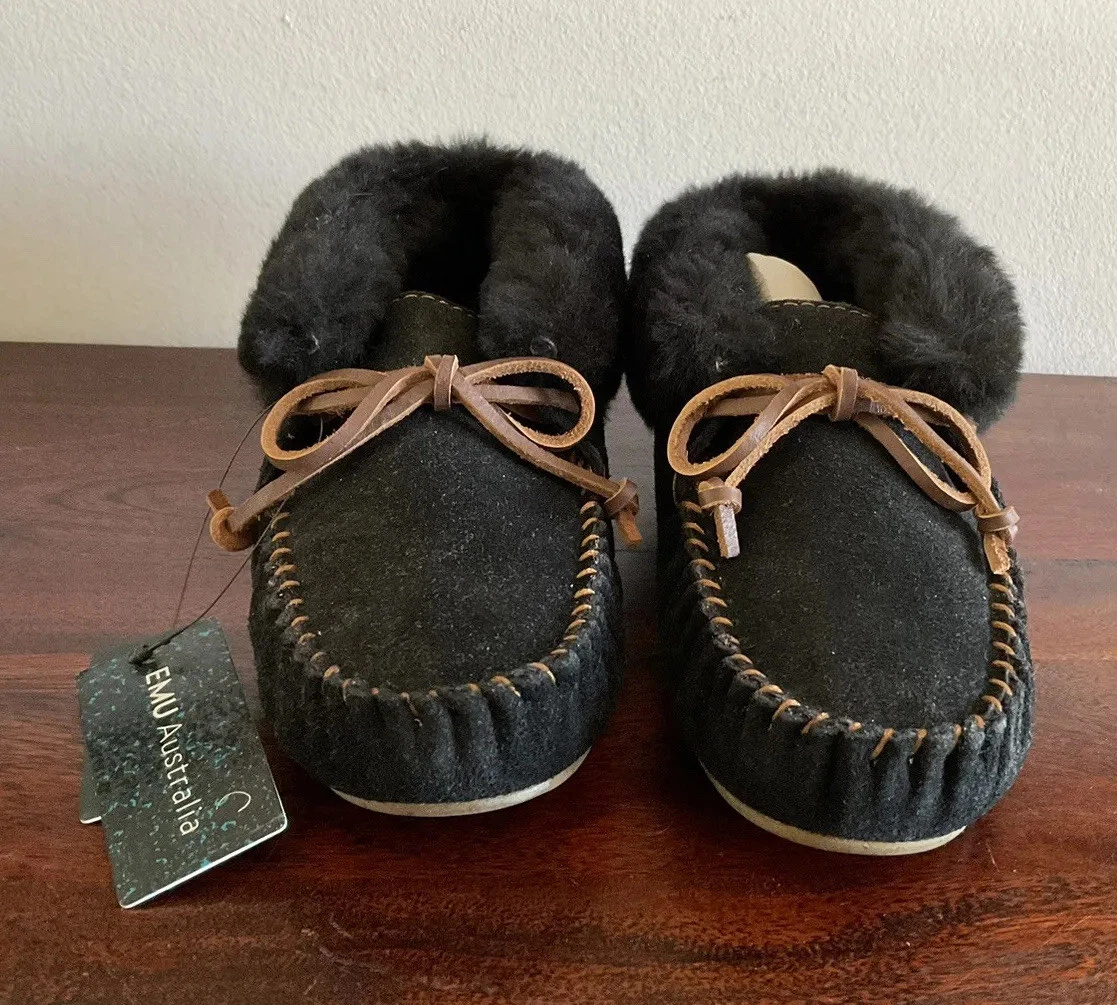 Great Emu Australia Sheepskin Black Moccasins With Rags New eBay