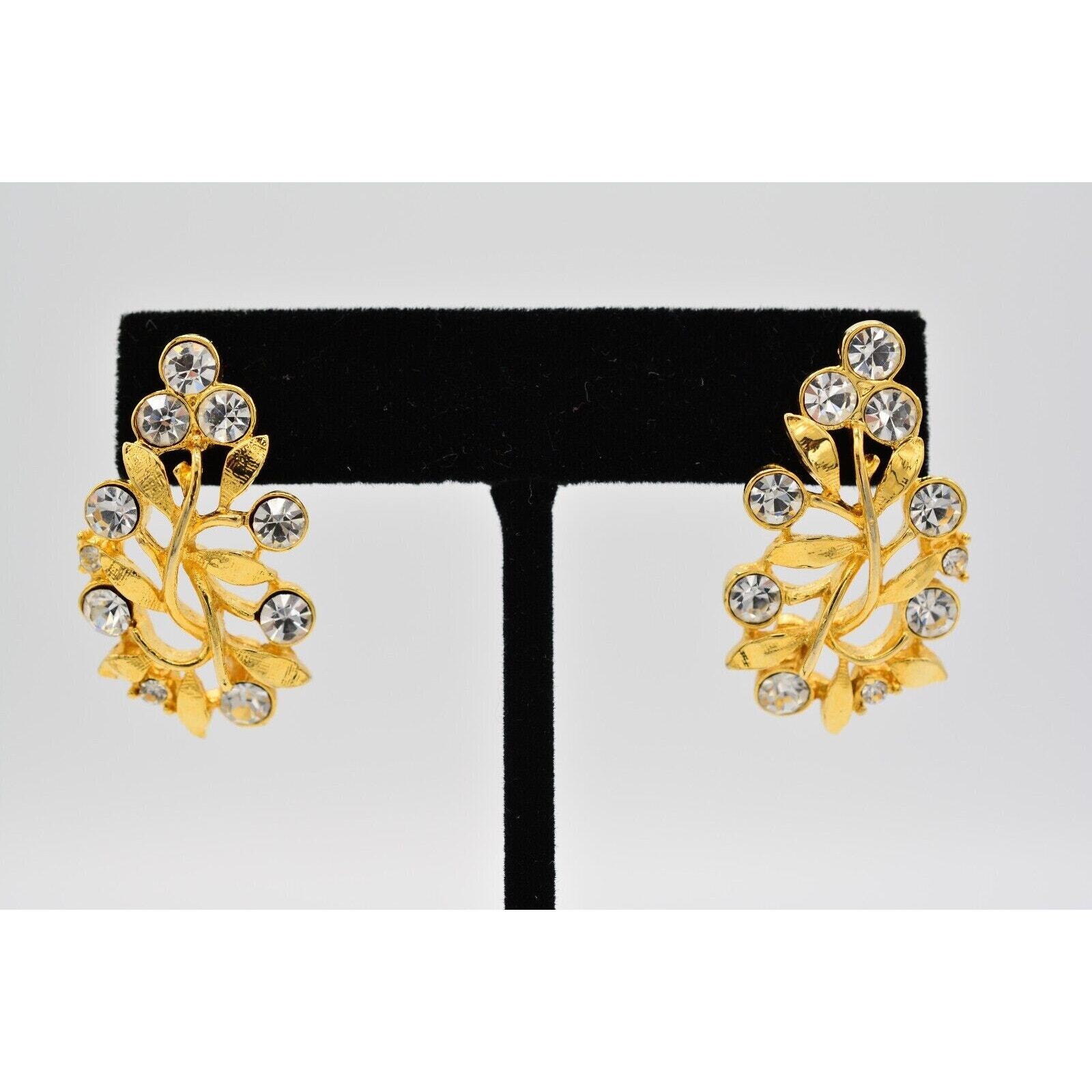Vintage Crystal Leaf Earrings Dangle Rhinestone S… - image 1