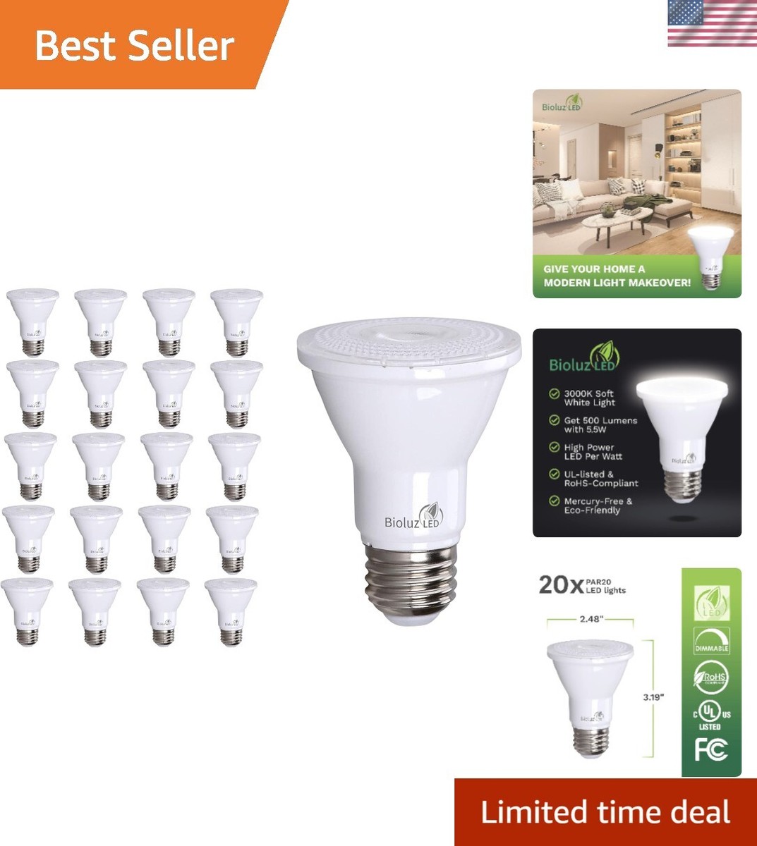 Bioluz LED PAR20 LED Bulb – 75W Replacement – 90 CRI Dimmable – Indoor/Outdoor Spot Light