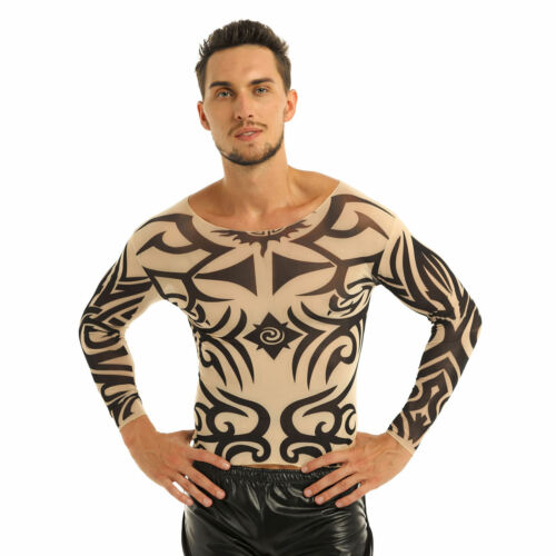 Mens Long Sleeve Mesh See Through T-shirt Fake Tattoo Blouse Shirt Party Fancy - Picture 34 of 56