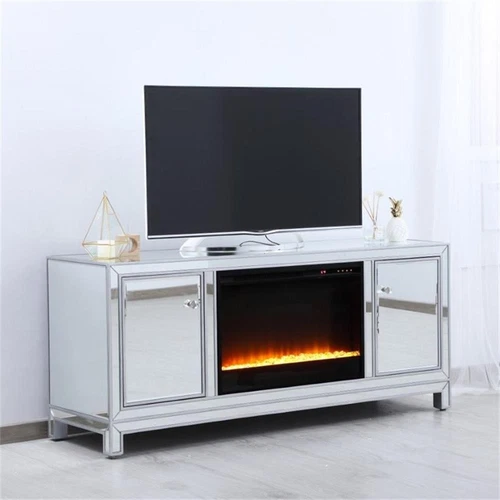 Elegant Decor Modern 60" Mirrored Crystal Fireplace TV Stand in Antique Silver - Picture 2 of 10
