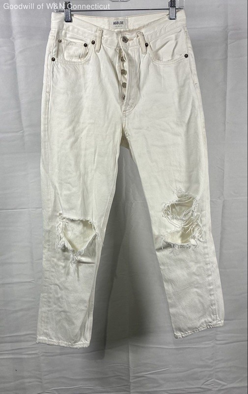 Agolde Women's Riley White Ripped Distressed High Rise Straight Leg Jeans Sz 27