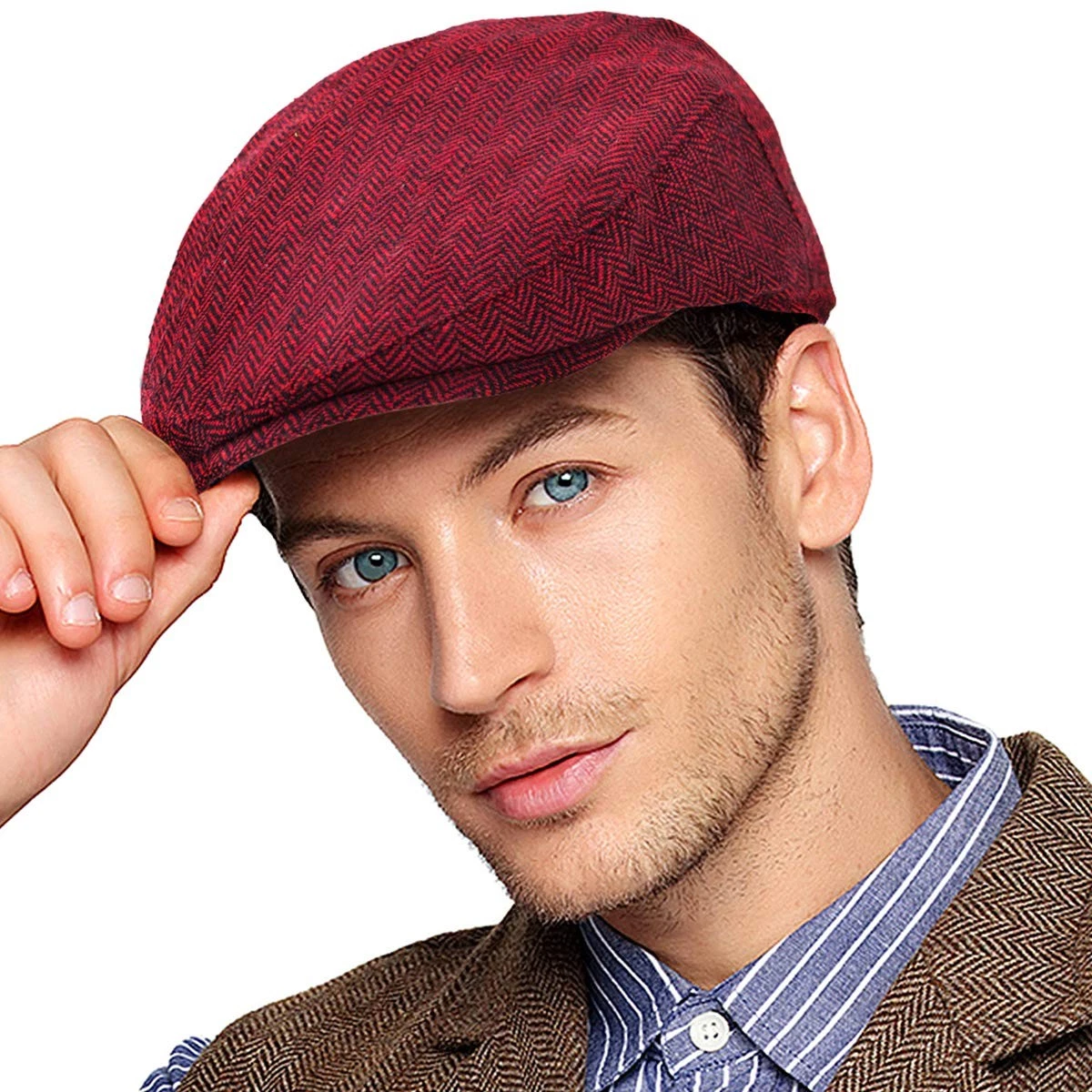 Classic Wool Blend Tweed Flat Cap for Men Ivy Hats Cabbie (Red, S/M, 7 1/4)