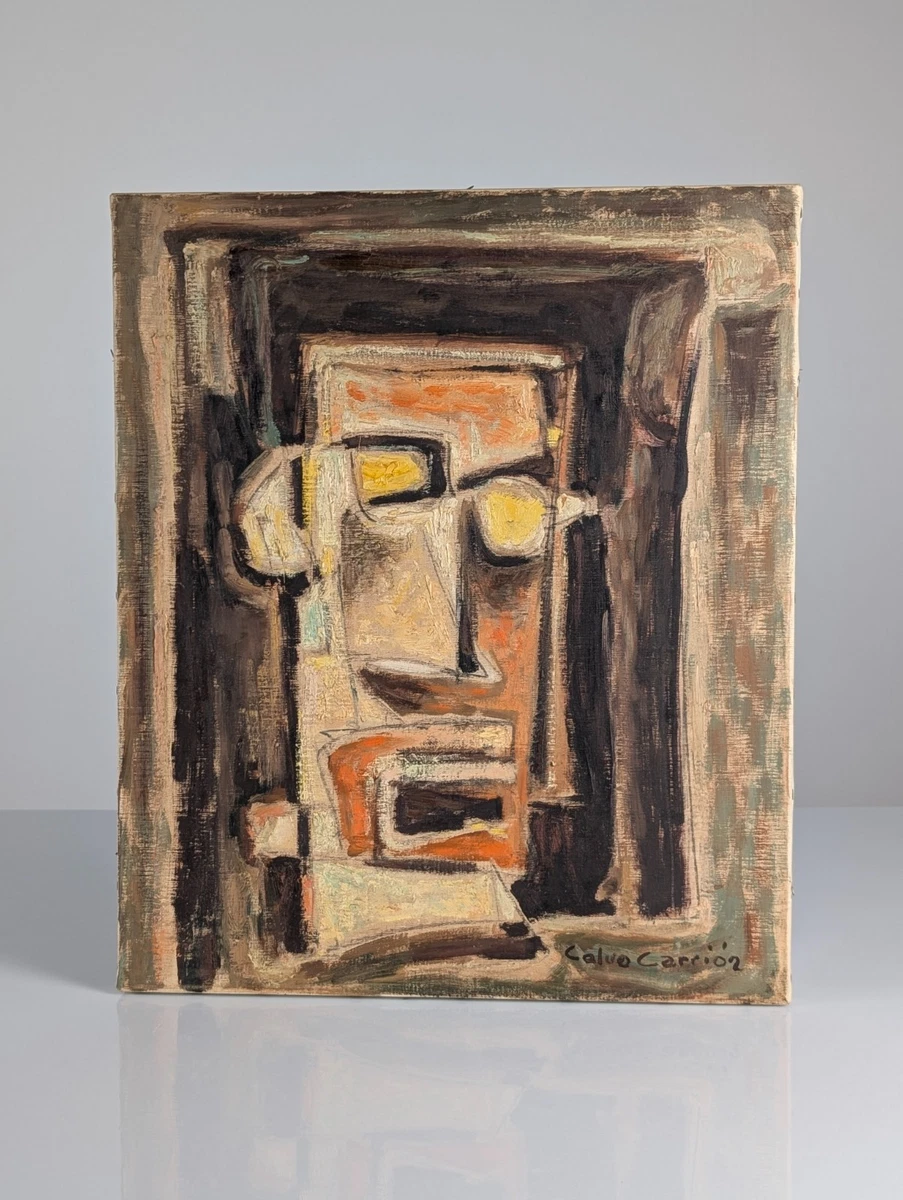 Cubist Expressionist Portrait Oil Painting by Calvo Carrión 1970s