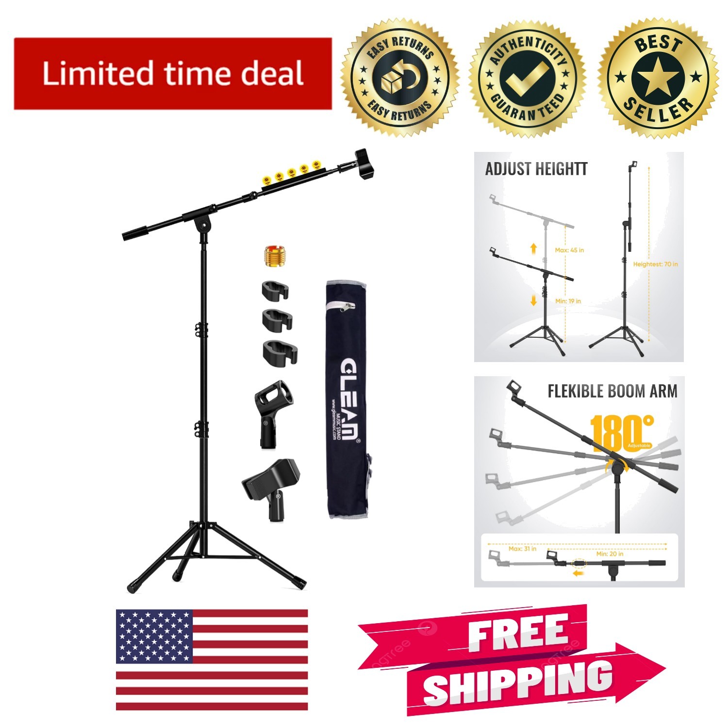 Professional Adjustable Microphone Stand with Sturdy Tripod Base & Accessories