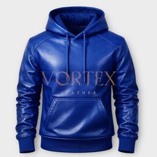 Men's Dark Blue Leather Hoodie Genuine Lambskin Leather Hoodie Classic style