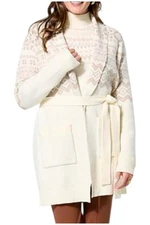 Christie Brinkley Women's Fair Isle Sweater Knit Belted Coatigan White