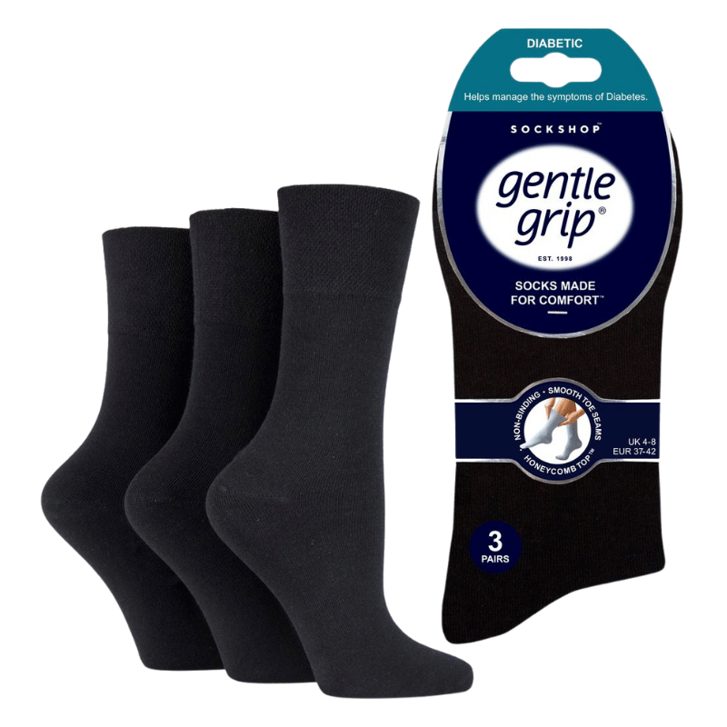Ladies 3 Pack Diabetic Gentle Grip Socks Black UK 4-8 Non Elastic Soft Cotton
