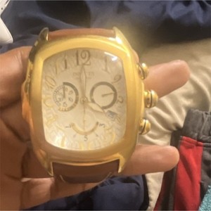 Authentic Invicta Lupah Gold Plated Tonneau Chronograph White Dial Brown Leather Watch