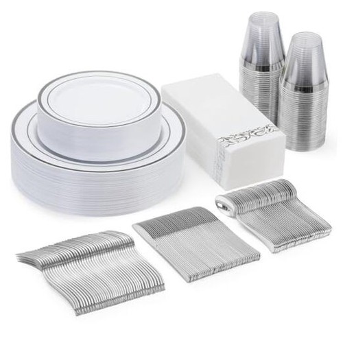 175 Piece Silver Dinnerware Set for 25 Guests, Plastic Plates Disposable for
