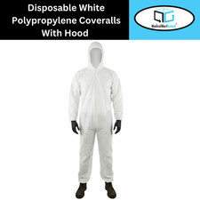 25 White Coverall with Hood, Disposable Polypropylene, Elastic Cuffs, Size: 2XL