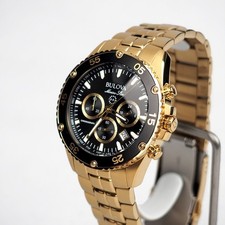 Bulova Men's Marine Star 98B406 Black Dial Gold Chronograph Stainless Watch