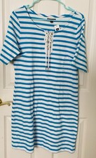 **New Gap Women  White Blue Stripe Lace Up short sleeveDress Medium 100% Cotton 