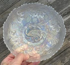 Fenton White Carnival Glass Peacock At The Urn 8” Bowl ￼