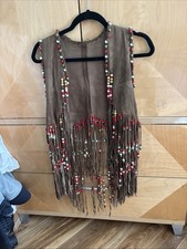 Leather Beaded Fringed Vest BOHO Mod Hippie Costume Vtg Retro Western AS IS