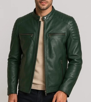 Green Leather Jacket Men Pure Lambskin Cafe Racer  Size S M L XL XXL Custom Made