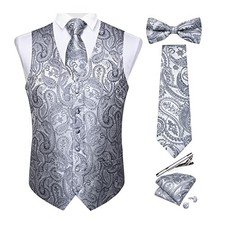 Men's Silk Paisley Vest and Necktie Set 6PCS Pre-tied Bow Tie 3X-Large Silver